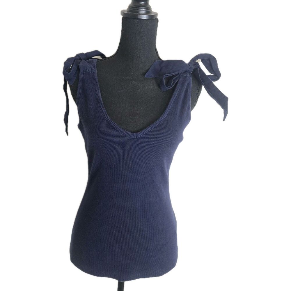 Anthropologie Maeve Bow Tie Tank Blouse Navy Small Double V-neckline Ribbed